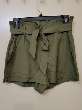 High-Waist Olive Tie-Belt Paperbag Shorts
